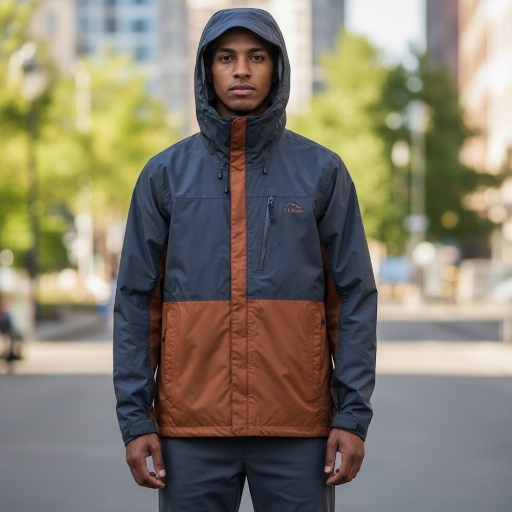 L.L. Bean Hooded Rain Jacket Mens Large Navy Rust Gorpcore Waterproof Hiking